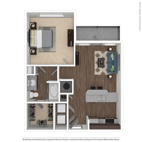 Floor plan for 1 bed, 1 bath, 661 sqft